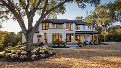 Modern farmhouse with landscaping and large tree at sunset
