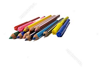 Colorful Pencils and Markers on White Background