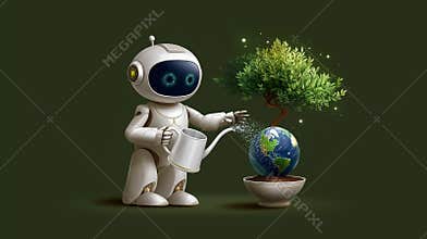 Robot diligently waters a small tree planted on a globe emphasizing environmental responsibility. Whimsical green