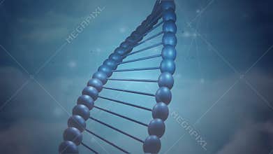 Upon appearing, 3D DNA helix rotating clockwise, particles drifting and revealing helical structure