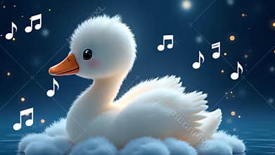 Cute Fluffy Duckling Surrounded by Magical Music Notes and Sparkles in a Dreamy Night Sky
