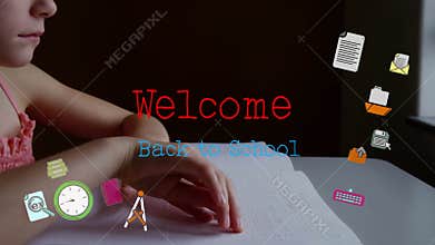 Girl tracing Braille book initiating animated Welcome Back to School text fading, icons sliding