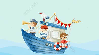 Large Ship Filled By a Father With His Two Children and a Bird Is at Sea