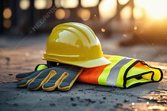 Worker\'s Essentials Hard Hat, Vest, and Gloves at Sunset
