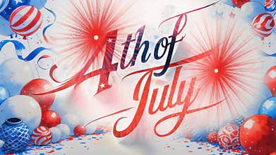 Opening 3D-rendered 4th of July text in studio while balloons, fireworks bursting, smoke drifting