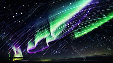 Timelapse starting sky revealing green violet auroral ribbons and star trails over northern horizon