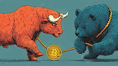 Bull and Bear Fighting Over Crypto Coin in Bold Cartoon Style