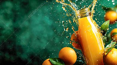 Fresh orange juice splashing from glass bottle surrounded by whole oranges and green leaves, showcasing vibrant colors