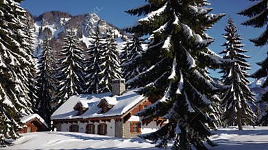 Alpine wooden chalet nestled among snow dusted pine trees, capturing serene winter scenery with rustic log cabin and surrounding