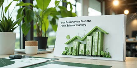 A close-up of a financial report showcasing sustainable investments, with eco-friendly symbols like leaves, solar panels, and wind