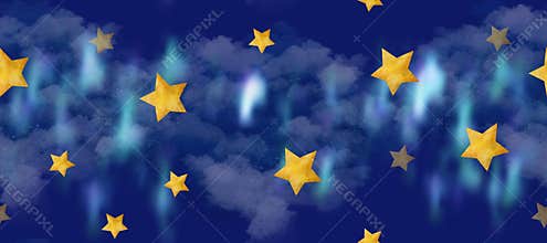 Dark blue sky, fluffy clouds, golden stars, nebula make up this space of seamless border watercolor clip art. Watercolor