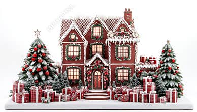 Isolated gingerbread house adorned for Christmas with white highlights