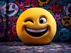 Happy Winking Emoji Plush Toy on a Colorful Graffiti Wall Background