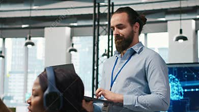 Team of programmers in office developing software applications using AI