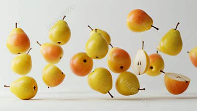 Fresh pears and apples in dynamic midair dance against white background