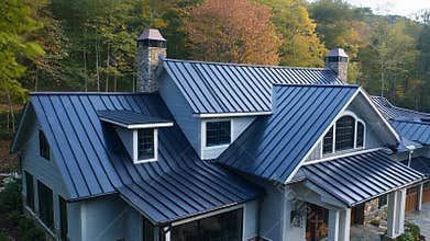 Modern house featuring a standing seam metal roof in a forest setting
