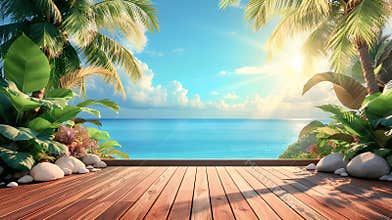 Bright tropical ocean view from wooden deck with sun and palms