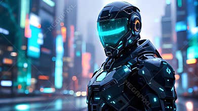 Futuristic armored figure with blue lights in neon city street