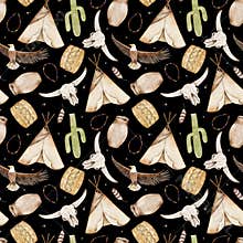 Seamless watercolor pattern with Native American elements including cactus