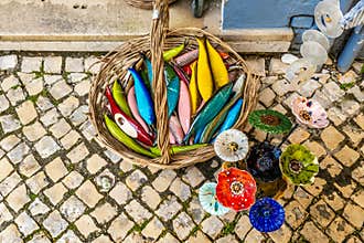 Decorated local ceramic Sardines in Portuguese souvenir store in Lagos, Portugal