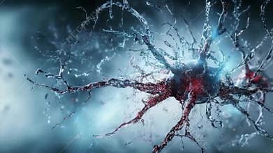 Neuron cell electric impulse synapse connection blue red colors scientific futuristic concept branching dendrites axon digital 3D