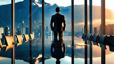 A businessman looking out over a breathtaking view of the mountains and cityscape