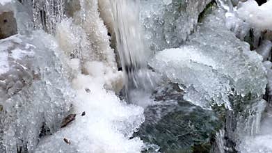 Frozen waterfall flowing over icy rocks in winter landscape