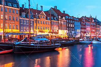 Evening scenery of Nyhavn in Copenhagen, Denmark
