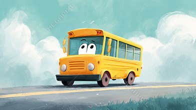 Cute yellow school bus with big cartoon eyes on sunny day, soft digital style for back-to-school