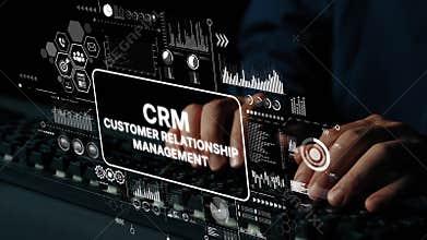 Hands Typing on Keyboard with CRM Customer Relationship Management Displayed on Digital Screen in Futuristic Workspace