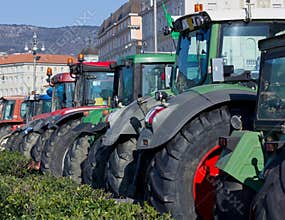 Row of Tractors Parked on Trieste's Waterfront