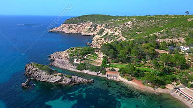 Ibiza luxury villa, boats in turquoise water. Unique aerial view flight drone
