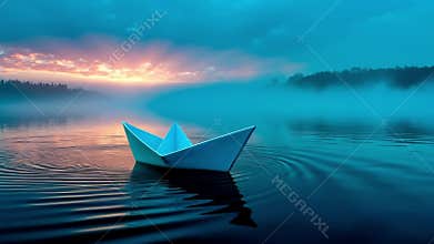 A paper boat floating on top of a body of water