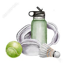 Watercolor illustration of a green water bottle, wireless headphones, tennis ball, and shuttlecock. for promoting womens