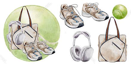 Watercolor illustration tennis bag wireless headphones and sneakers placed on green transparent tennis ball. for