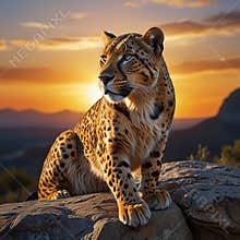 A powerful panther sitting atop a rocky cliff at sunrise, its muscular form bathed in golden and amber hues.