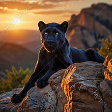 A powerful panther sitting atop a rocky cliff at sunrise, its muscular form bathed in golden and amber hues.