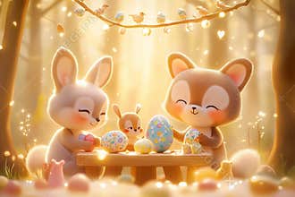 Woodland animals gather in a sunlit forest, joyfully decorating vibrant Easter eggs while sharing laughter and warmth