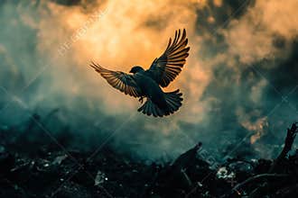 Bird is flying in the sky above a pile of debris