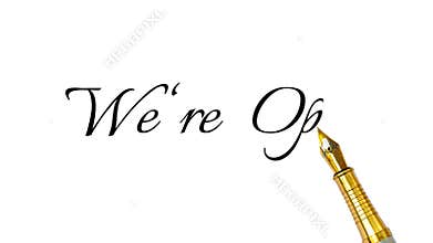 Elegant \'We\'re Open\' Cursive Text on White Background Representing Business Availability, Store Hours