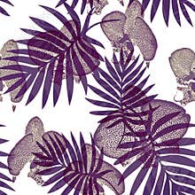 Tropical exotics orchid flowers with leaves on white seamless pattern.