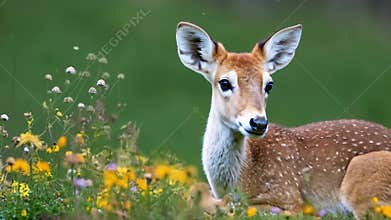 A young fawn resting in a meadow surrounded by wildflowers with soft ambient lighting