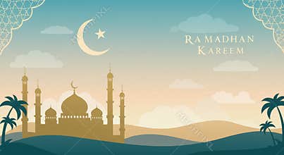 Ramadhan kareem greeting with mosque silhouette and crescent moon at sunset