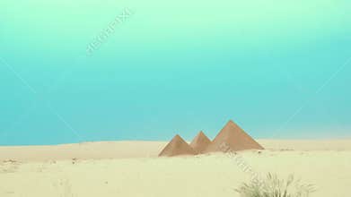 Hot dry sandy desert. Beautiful natural landscape. Decorative pyramids,