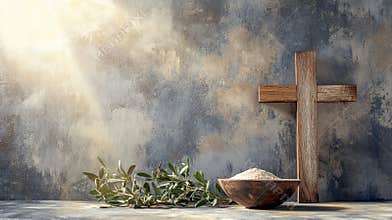 Bowl with ashes, olive branch and cross, symbols of Ash Wednesday