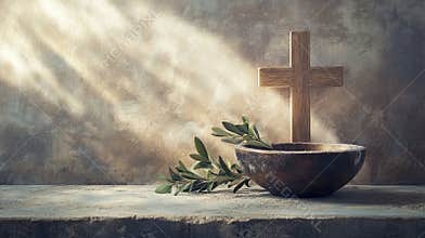 Bowl with ashes, olive branch and cross, symbols of Ash Wednesday