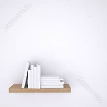 Wooden shelf with books on white wall background