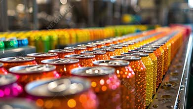 Vibrant cans roll on a factory line, highlighting a range of beverages