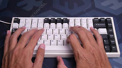 Work From Home Man Typing a Minimalist Mechanical Black and White Keyboard