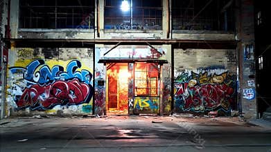 Abandoned building with graffiti at night